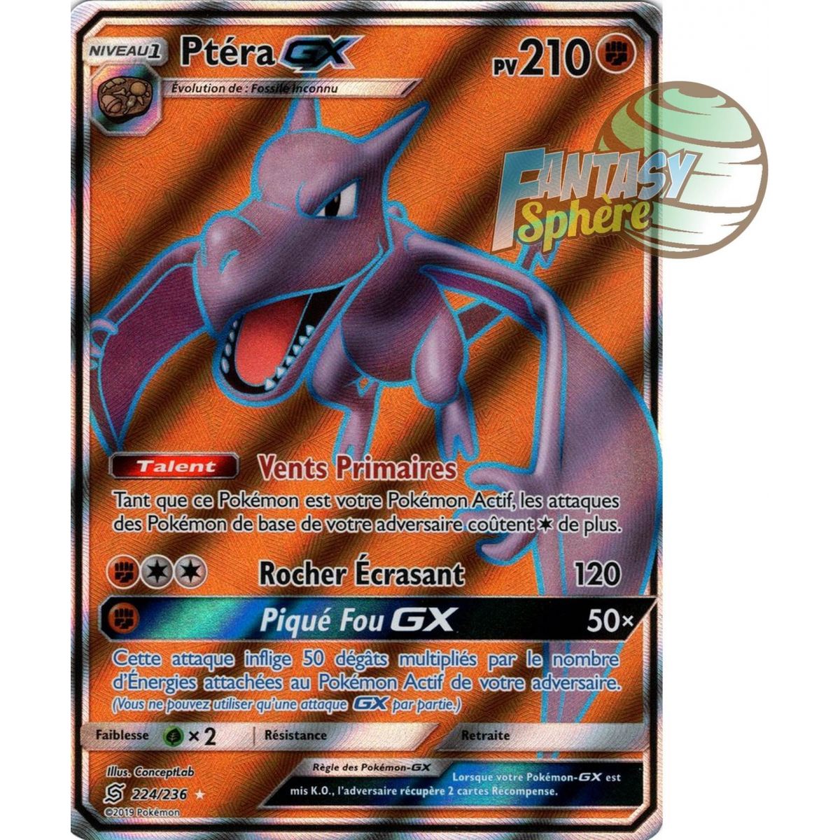 Ptéra GX - Full Art Ultra Rare  224/236 - Soleil et Lune 11 Harmonie des Esprits