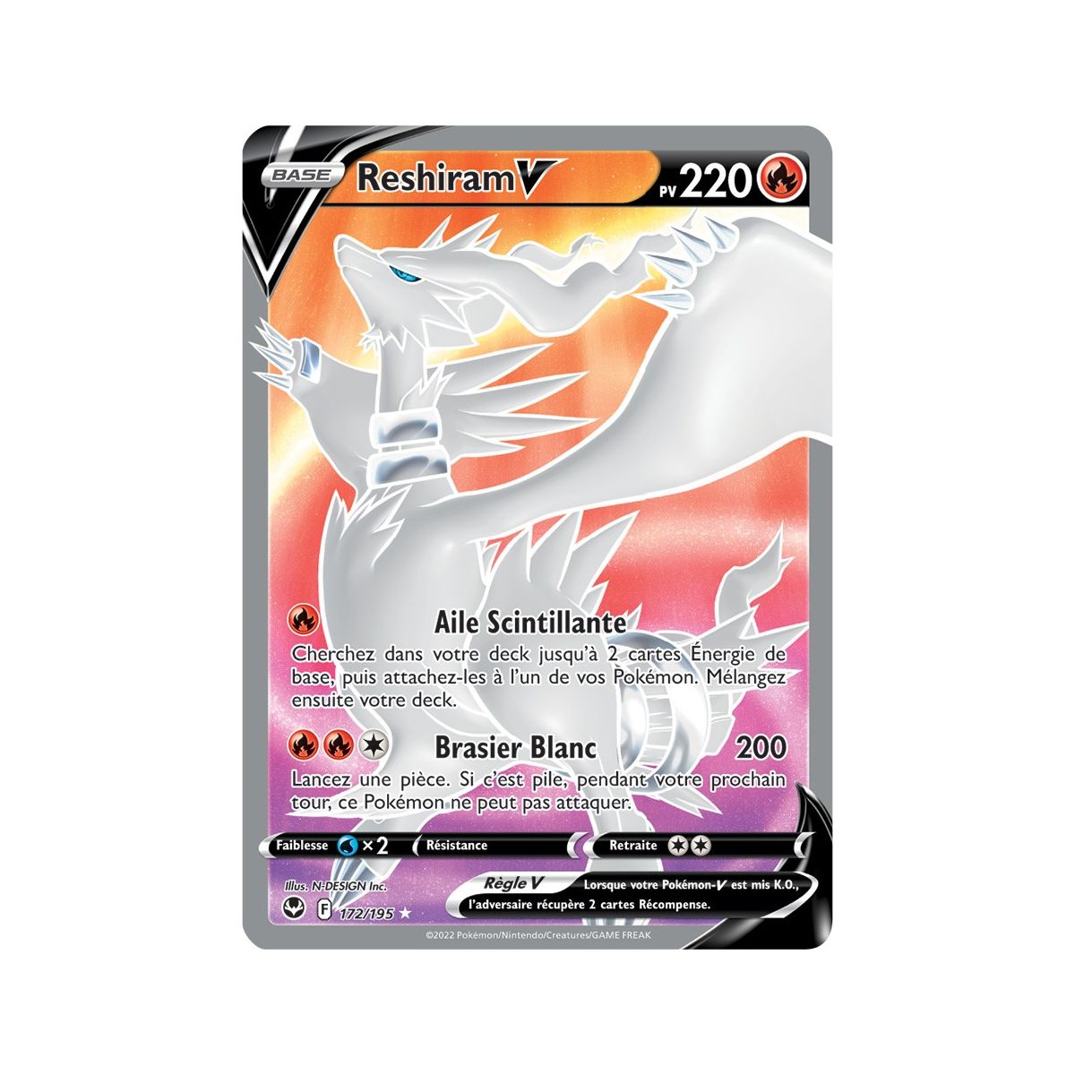 Reshiram V - Full Art Ultra Rare 172/195 - Epee et Bouclier 12 Tempete Argentée