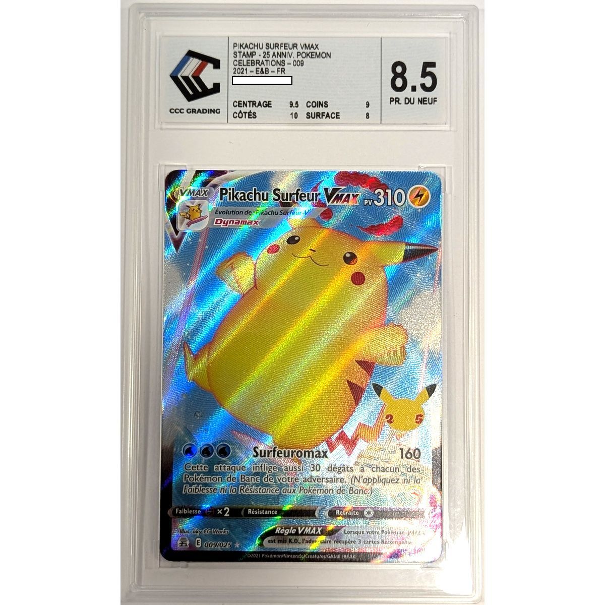 [CCC 8.5 - Pr. du Neuf] - Carte Gradée - Pikachu Surfeur VMAX 009/025 - Epee & Bouclier : Celebrations - 2021 - Pokémon - Français