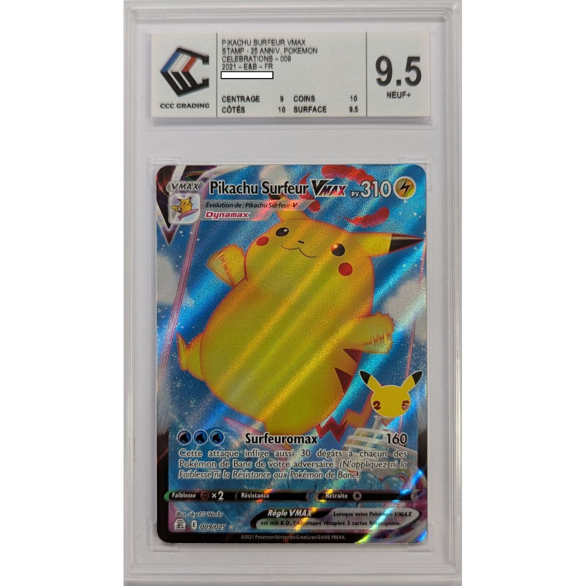 [CCC 9.5 - Neuf+] - Carte Gradée - Pikachu Surfeur VMAX 009/025 - Epee & Bouclier : Celebrations - 2021 - Pokémon - Français