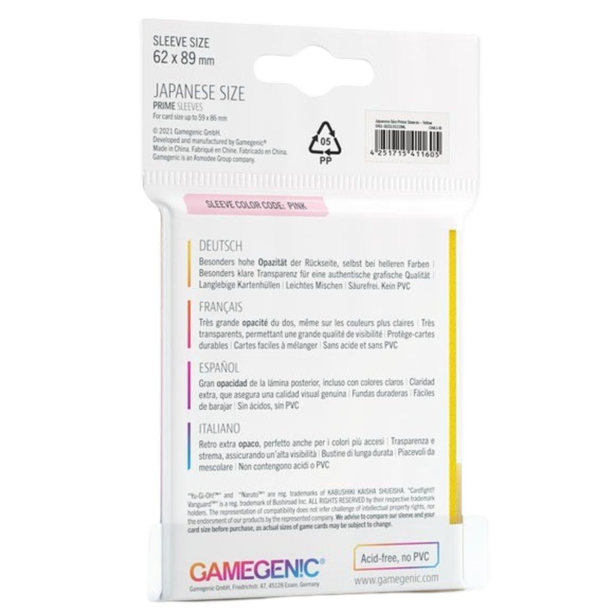 Gamegenic - Japanese Size - 60 Prime Sleeves Yellow - 62x89 Small (60)