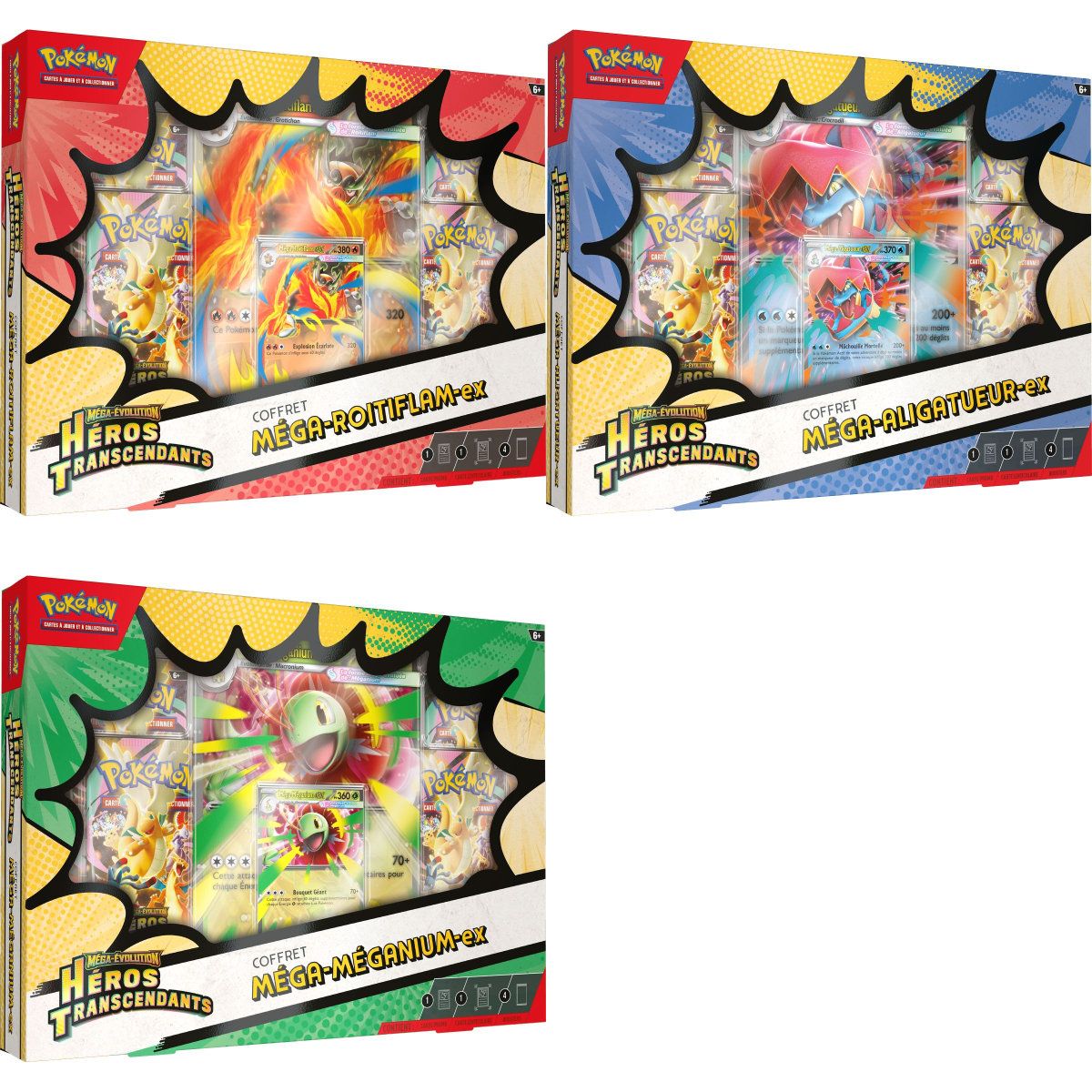 Lot de 3 Coffrets 4 Boosters - Méga‑Méganium‑ex/Méga-Roitiflam-ex/Méga-Aligatueur-ex - Méga-Évolution - Héros Transcendants [ME02.5][ASC] - Pokémon - FR