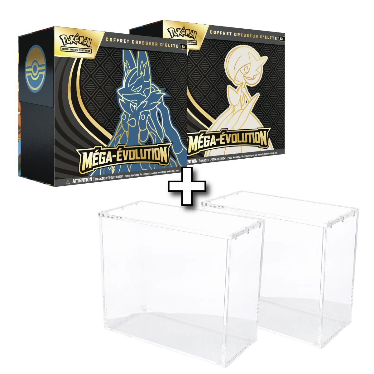 Lot de 2 Méga-Évolution : 2 ETB (Méga-Gardevoir + Méga-Lucario) [ME01] + 2 Vitrine Plexiglass Phoenix Shield
