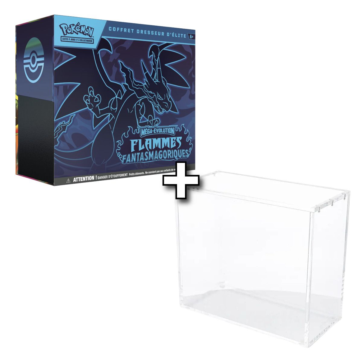 Lot - Méga-Évolution : 1 ETB Flammes Fantasmagoriques [ME02] + 1 Vitrine Plexiglass Phoenix Shield