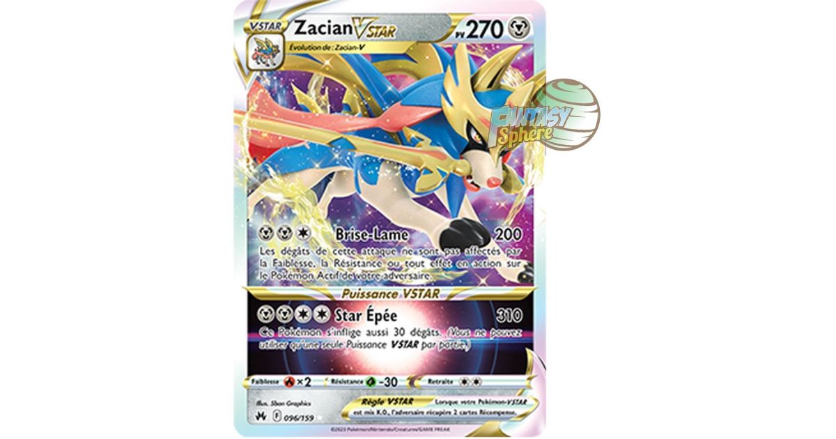 Carte Pokémon Zacian VSTAR SWSH Crown Zenith 096/159 - Rare VSTAR - 270 HP - Illustration Holographique Premium