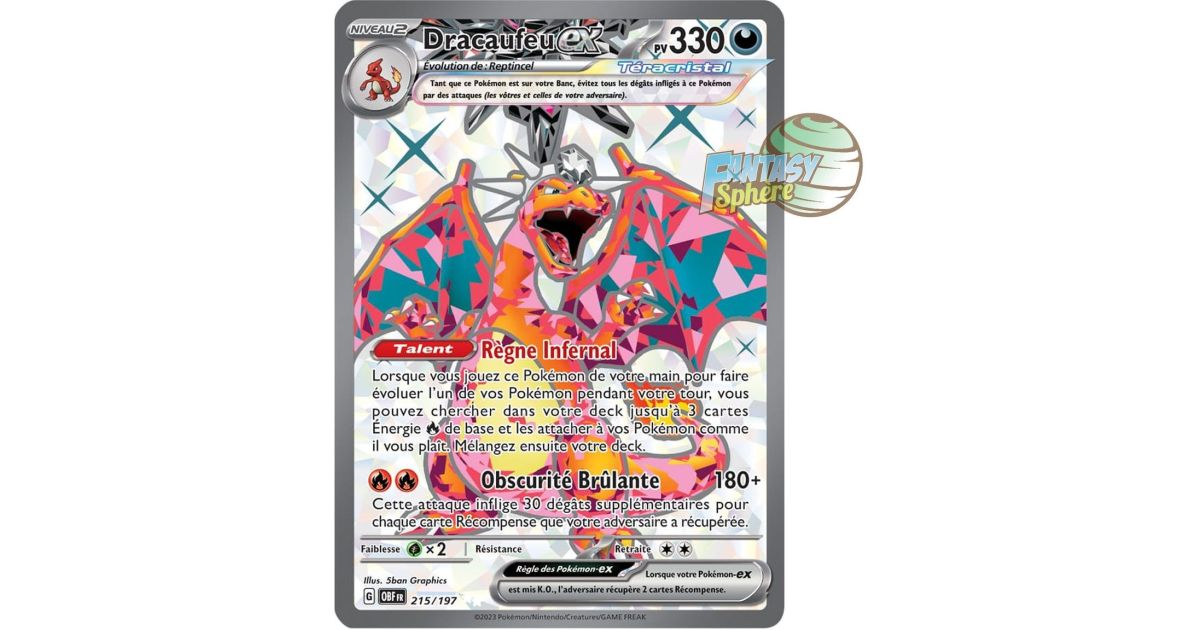 Dracaufeu Ex 125/197 Téracristal – Ultraboost X – 10 Cartes Pokémon – Français – Flammes Obsidiennes – Cadeau Collectionneur