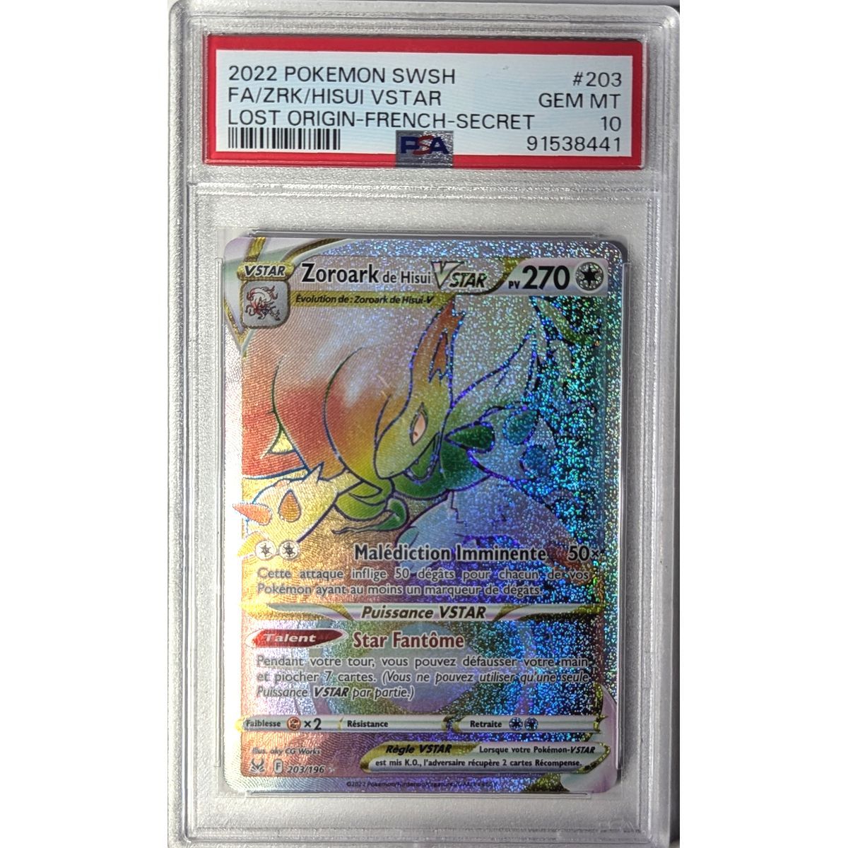[PSA 10 - Gem Mint] - Carte Gradée - Zoroark de Hisui VSTAR 203/196 - Epee & Bouclier : Origine Perdue - 2022 - Pokémon - Français