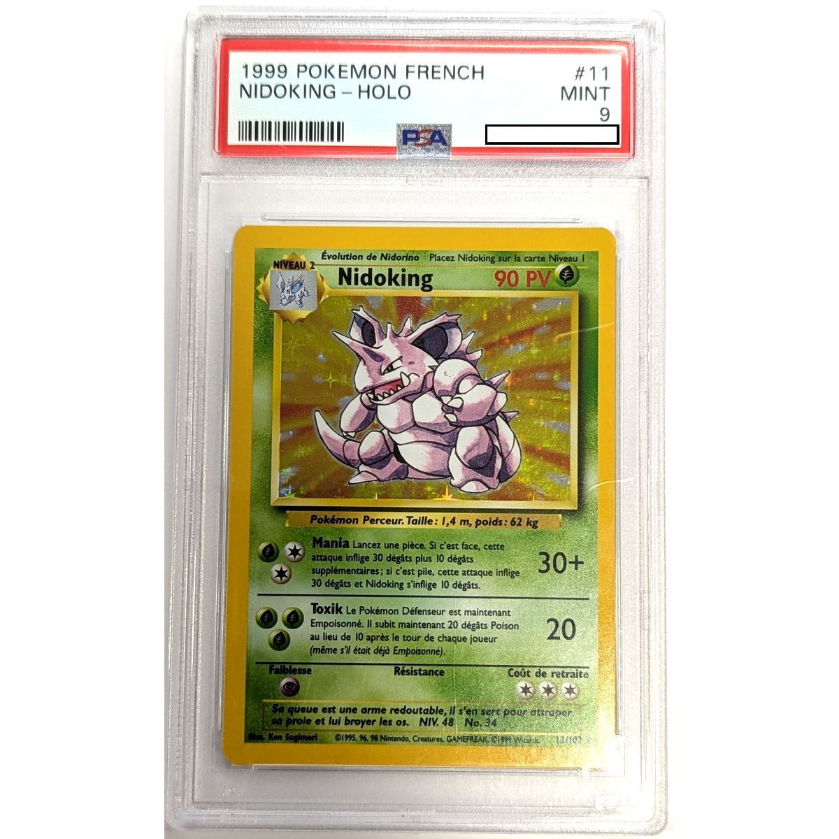 [PSA 9 - Mint] - Carte Gradée - Nidoking 11/102 - Unlimited - Set de Base - 1999 - Pokémon - Français