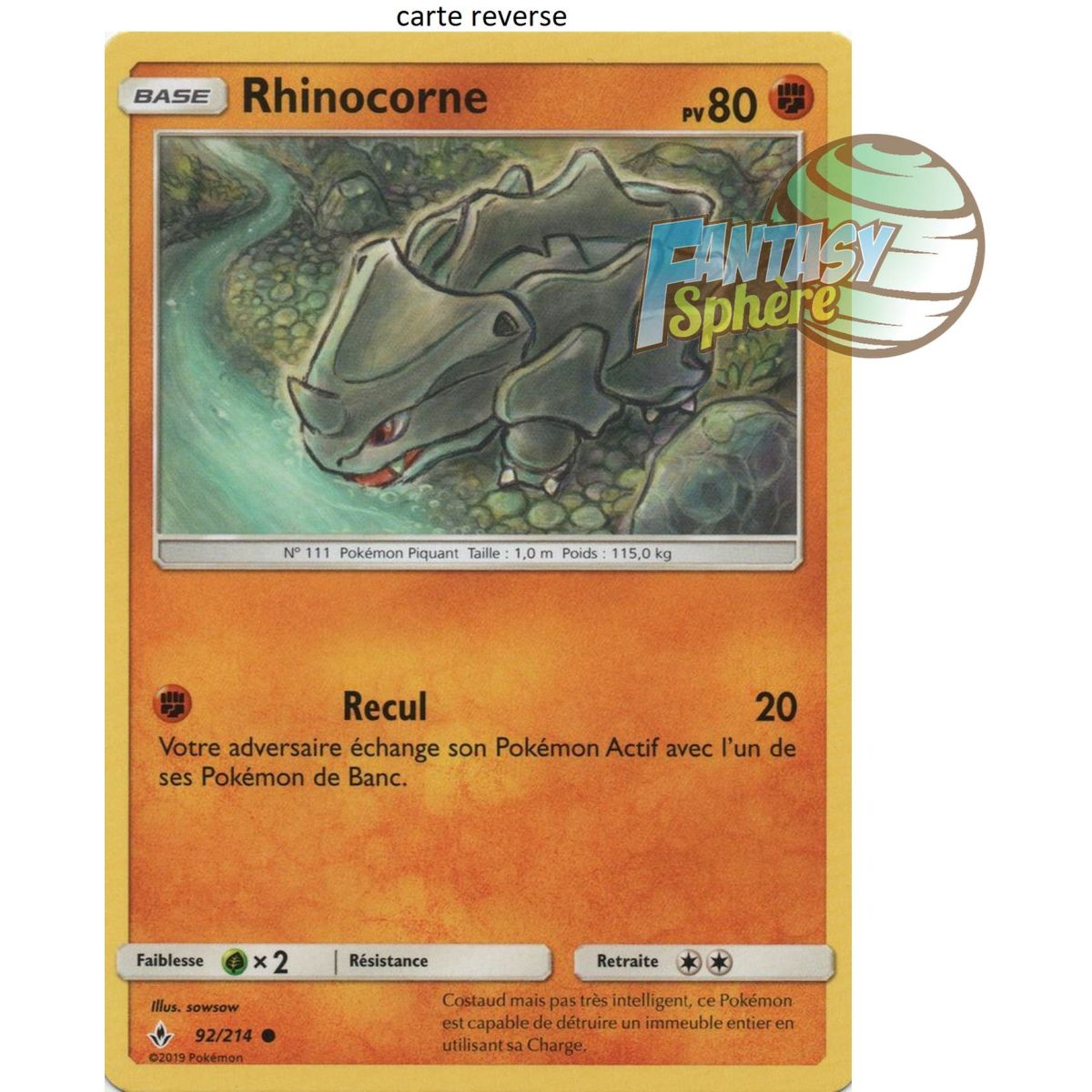 Item Rhinocorne - Reverse 92/214 - Soleil et Lune 10 Alliance Infaillible