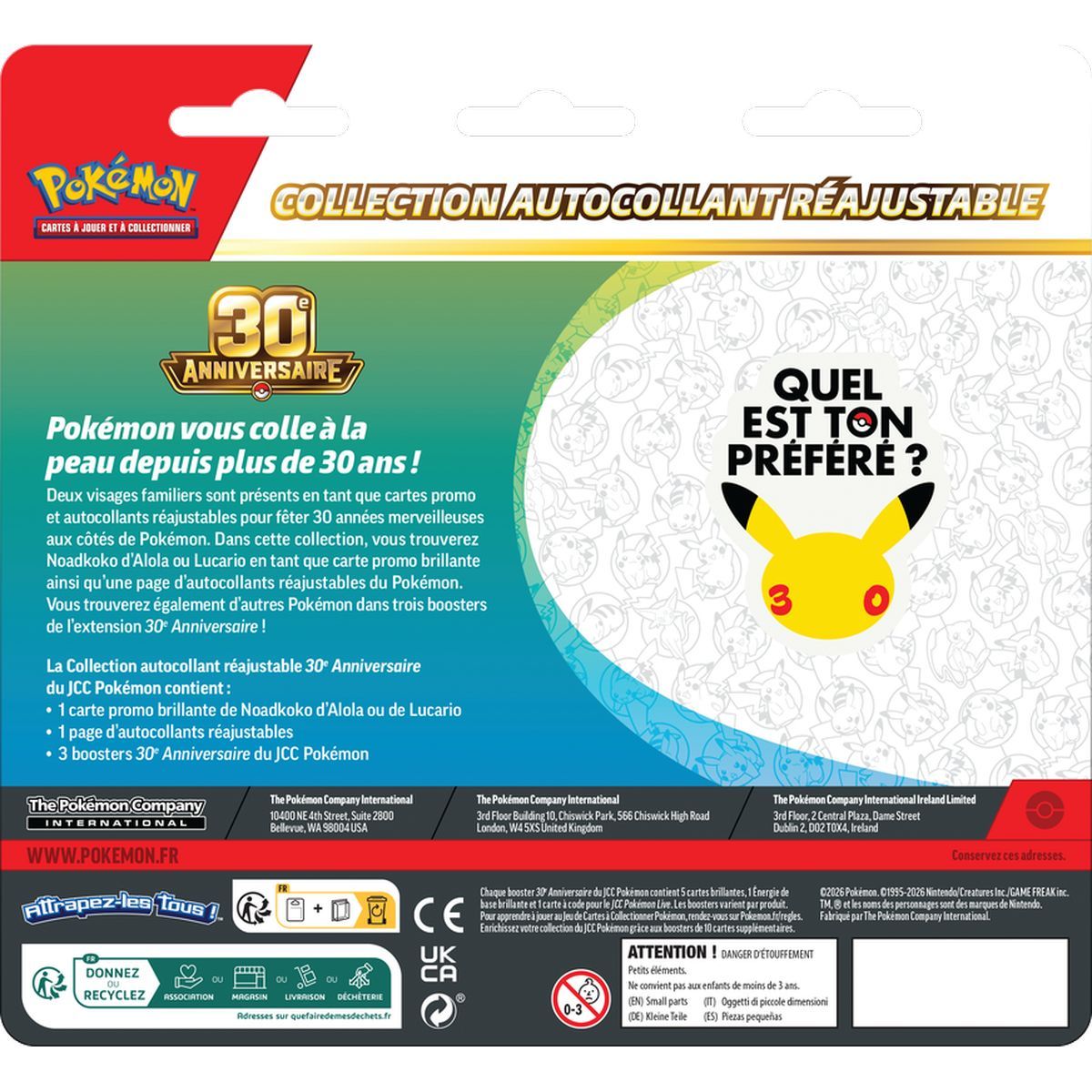 Tri-Pack Collection Sticker Réajustable - 3 Boosters - Noadkoko d'Alola/Lucario - 30e Anniversaire [ME05.5][30C] - Pokémon - FR