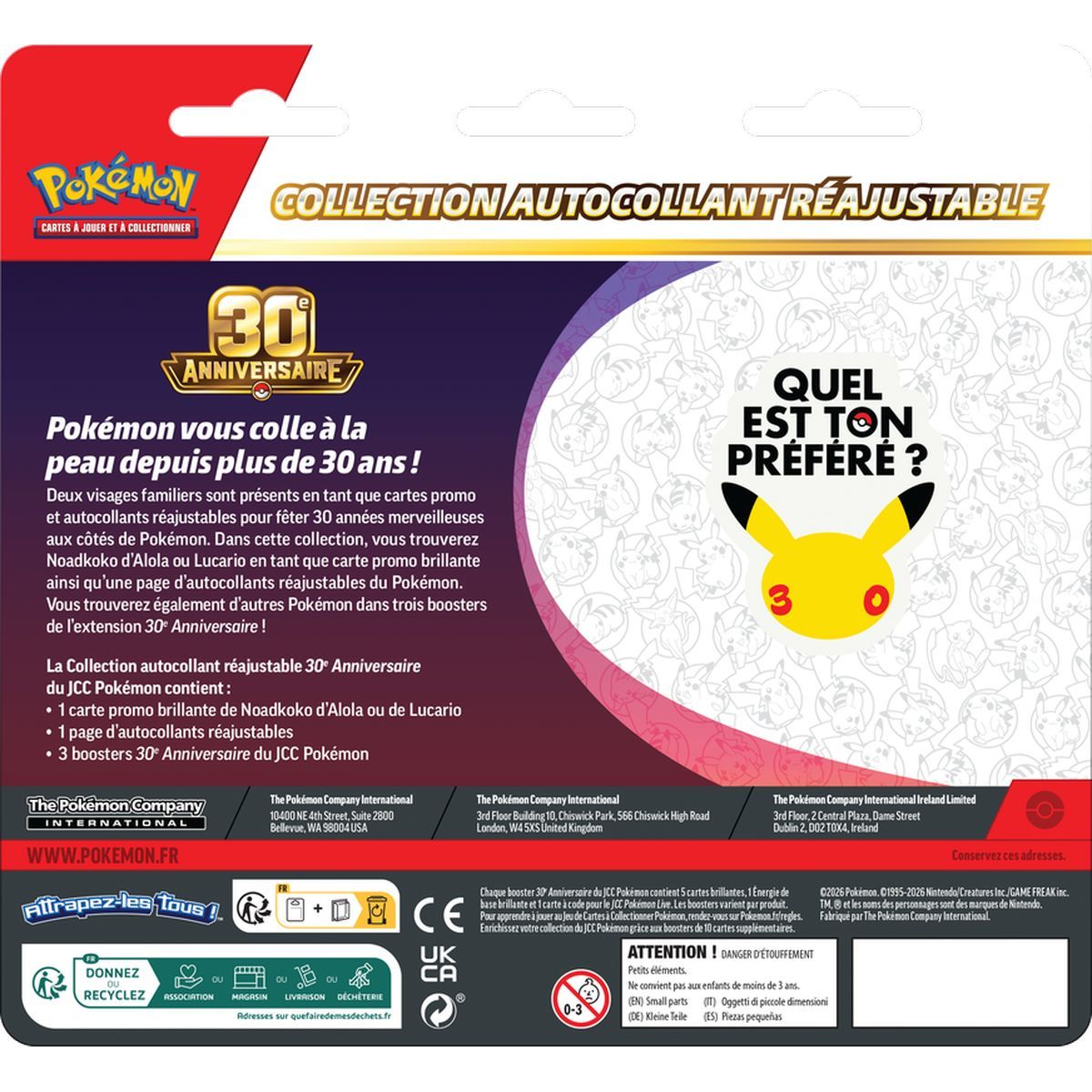 Tri-Pack Collection Sticker Réajustable - 3 Boosters - Noadkoko d'Alola/Lucario - 30e Anniversaire [ME05.5][30C] - Pokémon - FR